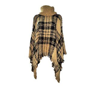 Plaid Turtleneck Poncho Fringe Warmth Whimsy One Size Unisex Preppy Classic Fall